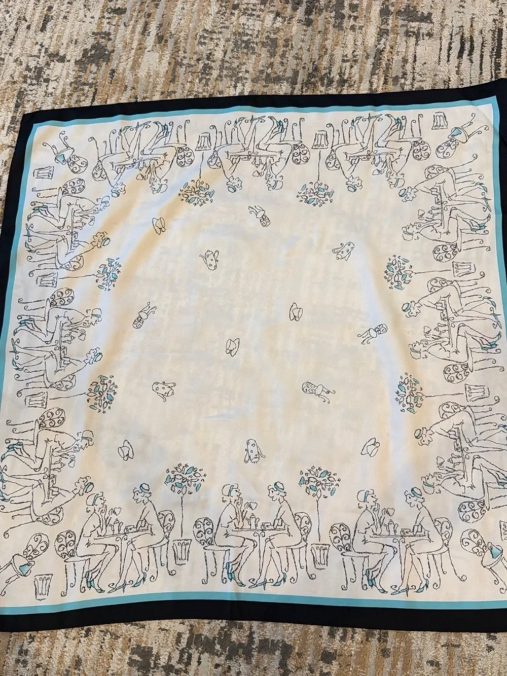 Silk-Feel Café Scene Square Scarf in White and Black